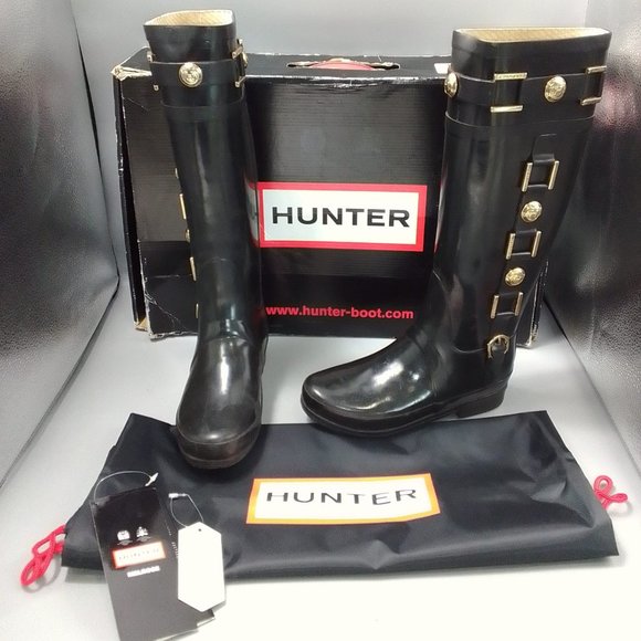Hunter Regent Hurlington Boots Size UK 3 EU 36 Black Gold Wellington Wellie £195 - Picture 2 of 12